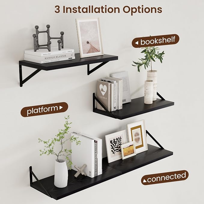 Axeman Deep Floating Shelves Black- 24 Inch Wide x 12 Inch Deep Wall Shelves Set of 2 - Black Wood Wall Shelves for Living Room Bedroom Laundry Room - Image 4