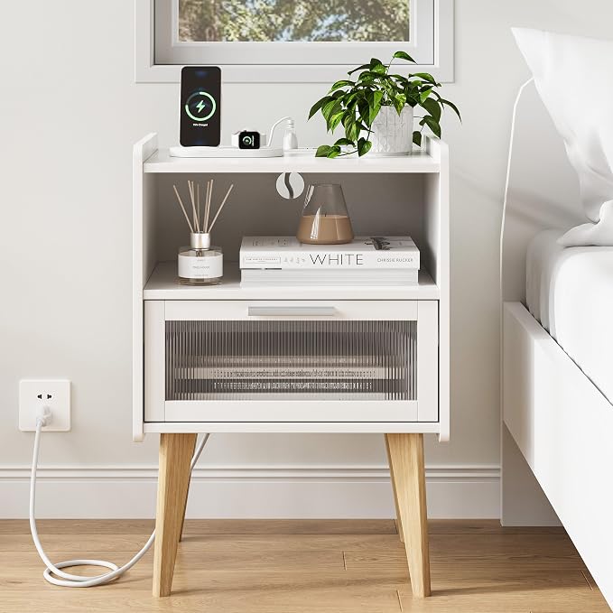 MMEOLUOOK Nightstand with Charging Station, Bedside Tables with Glass Decorative Door, End Table Side Table with 2 Tiers Storage Space, for Bedroom, Living Room, White CAMLBZ07WE - Image 5