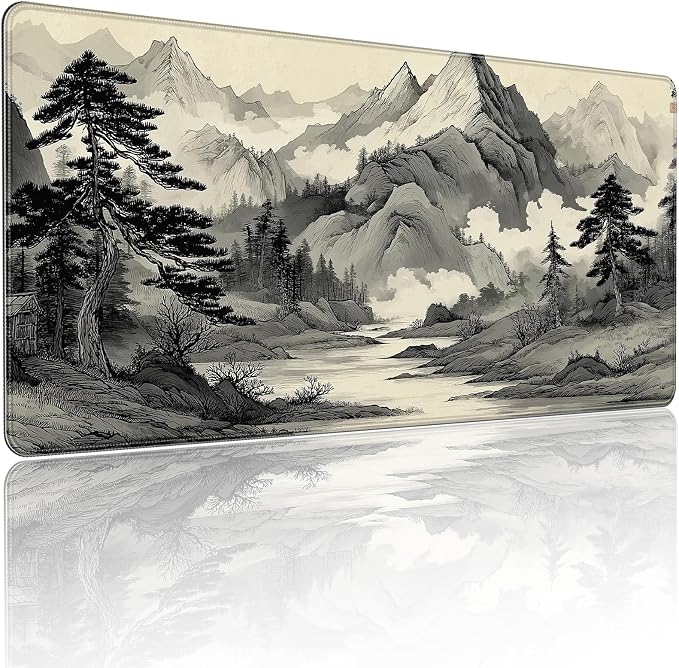 35.4 x 15.7 Inches Chinese Ink Painting Mountain Landscape Gaming Mouse Pad, XXLExtended Desk Mat with Non-Slip Rubber Base by YUANSM