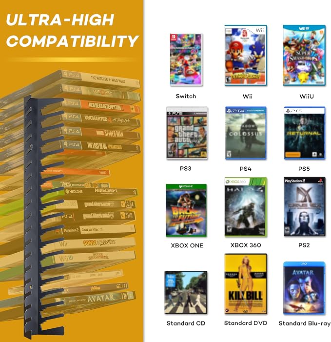 Funturbo Video Game Storage Wall Mount Game Case Holder, Metal Wall Mounted Media Storage Shelves for PS, Xbox, Switch Game Organizer (4-Pack) - Image 2