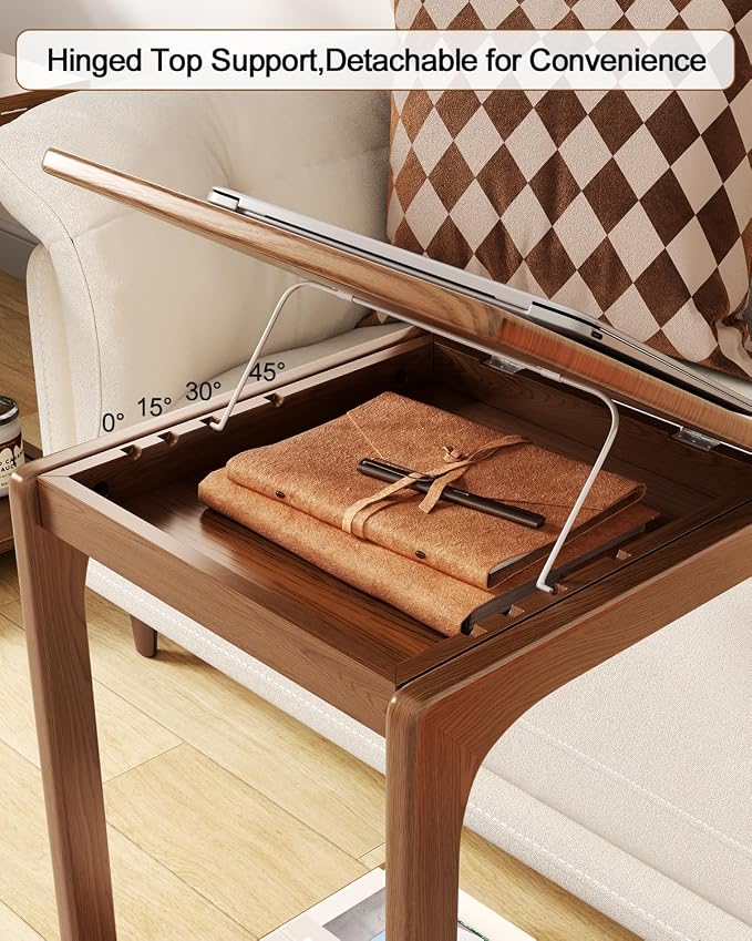 AQIMUELE Wooden C-Shaped End Table,Couch Table with Adjustable Desktop,Small Rolling Side Table with 2 Lockable Wheels,Small End Table for Couch, Living Room,Bedroom (Walnut) - Image 2