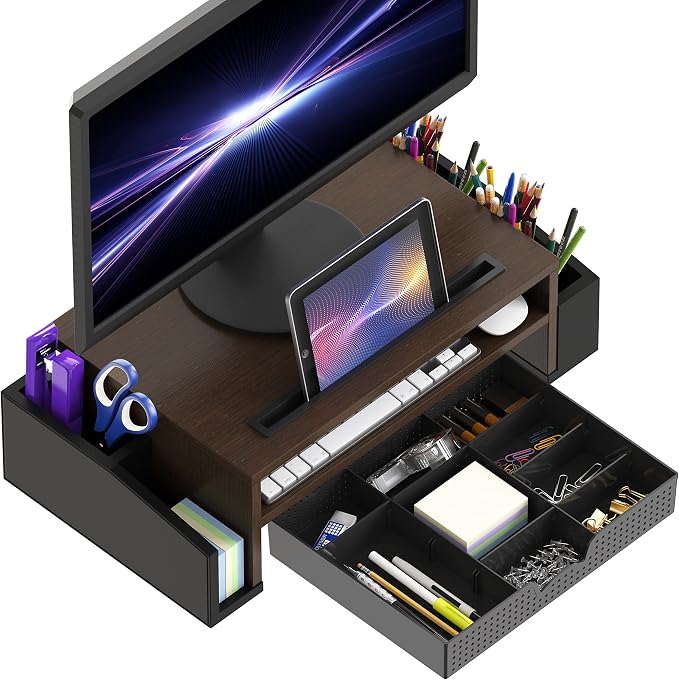 Simple Houseware Desk Monitor Stand Riser w/ Adjustable Tray, Espresso | Built-In Tablet Slot and Side Storage - Image 2