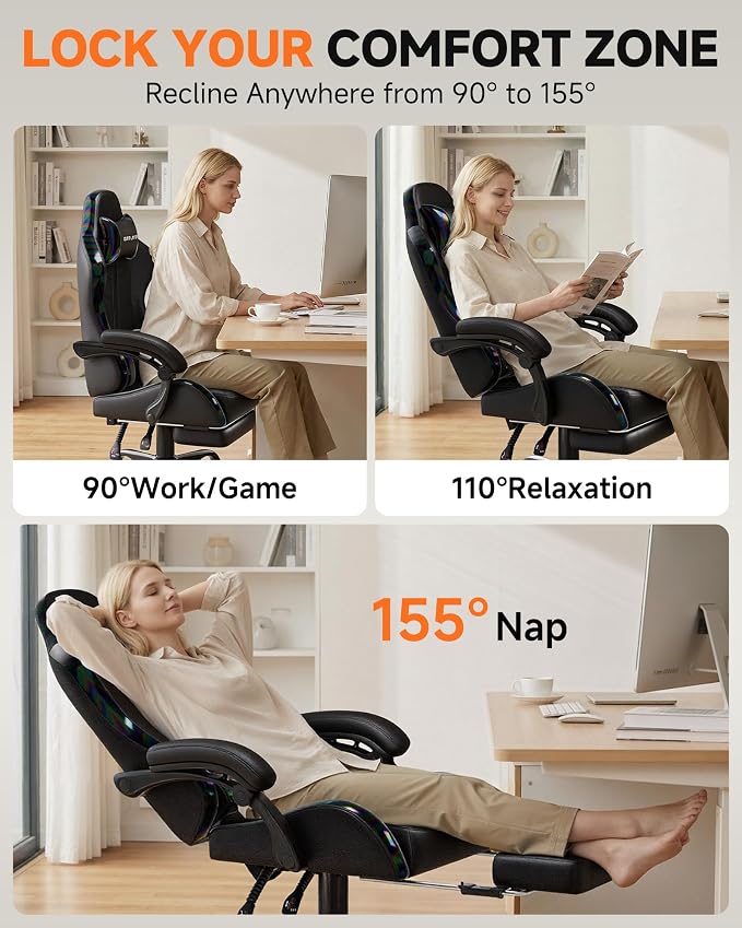 GTPLAYER Gaming Chair, Computer Game Chair for Adults, Iridescent Black | Ergonomic Comfort Video Game Chair with Footrest 90-155°Recline, Head Lumbar Support & Height Adjustable for Office Gaming - Image 5