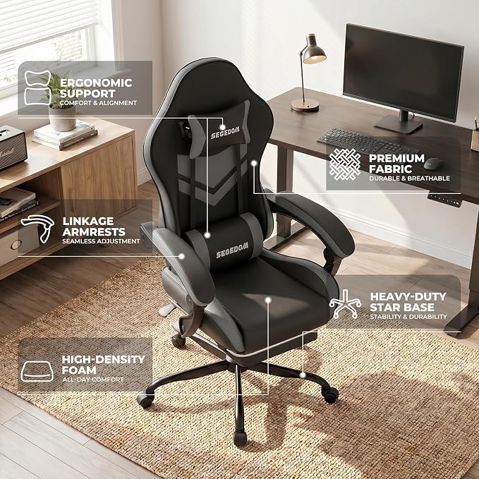 Gaming Chair with Footrest & Massage Lumbar Support, PU Leather Ergonomic High Back Swivel Height Adjustable Chair for Adults, Office Gaming, 300 lbs (Black Grey) - Image 6