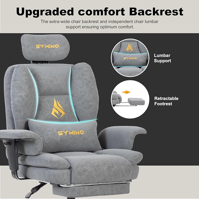 Symino Gaming Chair with Footrest, Up/Down Armrests, Suede Fabric Ergonomic Office Chair, 150° Recline Computer Chair for Desk, Grey - Image 5