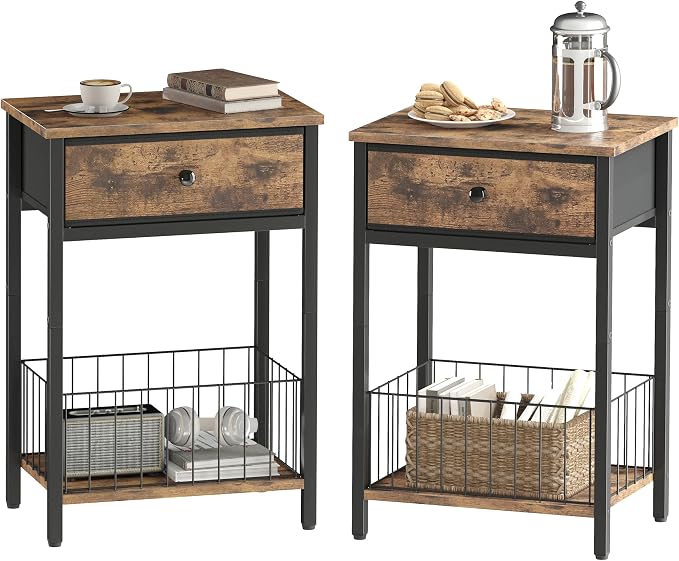 Night Stand Set 2, Night Stand with Drawers, Industrial nightstand, Nightstand with Fabric Bins, Bedside Table End Table for Bedroom, Closet, Entryway, College Dorm, Rustic Brown LNT0061BR2 by Unknown