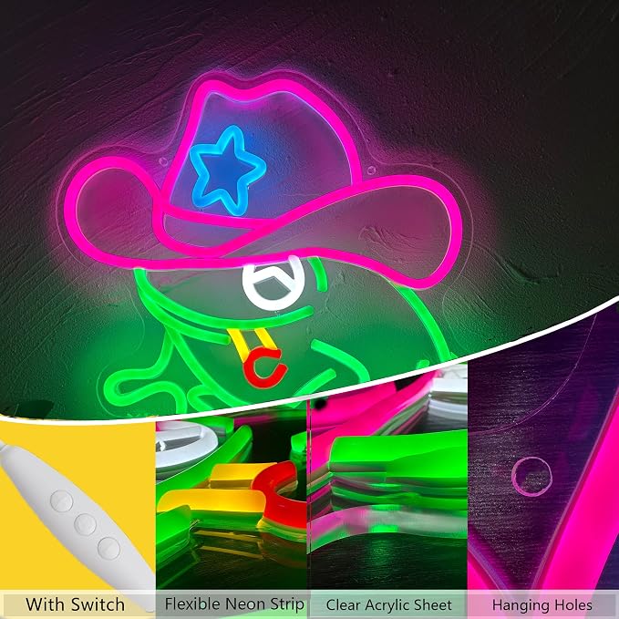 Frog Cowboy Neon Signs,Frog Cowboy Lamp Led Signs Lights Neon Signs for Wall Decor, Adjustable Brightness Night Light Man Cave Game Room Decor, USB Powered for Bedroom Party Bar Wedding Christmas - Image 3