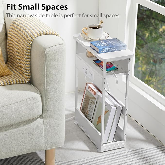 YEAKOO Narrow Side Table with Charging Station, 3-Tier End Table with 2 USB Ports & Power Outlets,Thin Sofa Side Table for Narrow and Small Spaces, Bedside Table Nightstand for Living Room,White - Image 7
