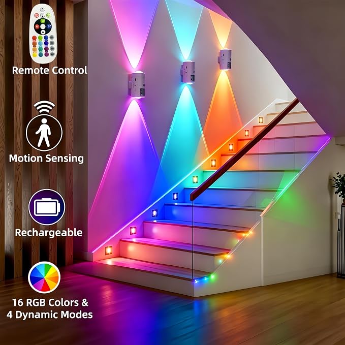 4 Pack RGB Dynamic Gradient Step Lights, Rechargeable Motion Sensor LED Wall Lamp with Remote, 1200mAh Dimmable Magnetic Mount Night Light for Staircase Hallway Bedroom Kitchen Bar - Image 2