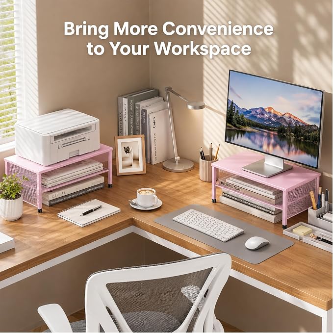 OPNICE 2-Tier Computer Monitor Stand Riser, Laptop Stand for Desk, Desk Organizer for Office, Home and School Supplies, Pink - Image 3