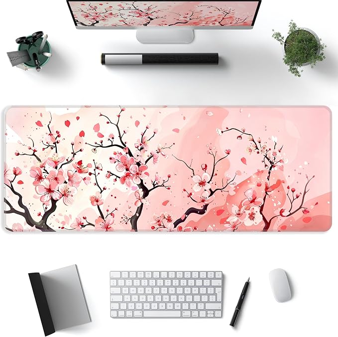 Pink Cherry Blossom Desk Mat, XL 31.5"x11.8" Large Mouse Pad, Cute Sakura Extended Gaming Mouse Mat,Non-Slip Rubber Base Waterproof with Stitched Edges for Gaming Office Home Decor - Image 2