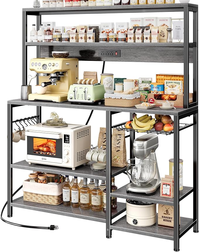 SUPERJARE Bakers Rack with Power Outlet, 47.2 Inches Coffee Bar with Basket by SUPERJARE