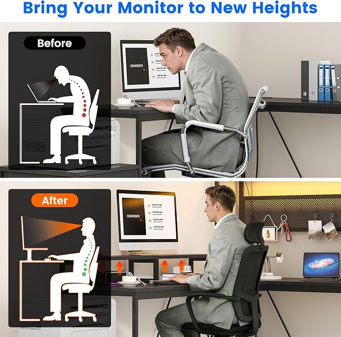 kepptory L Shaped Gaming Desk with 2 Drawers and Hutch, Home Office Computer Desk with Computer Stand and Pegboard, Corner Desk with Printer Desktop&Power Outlet, Black - Image 5