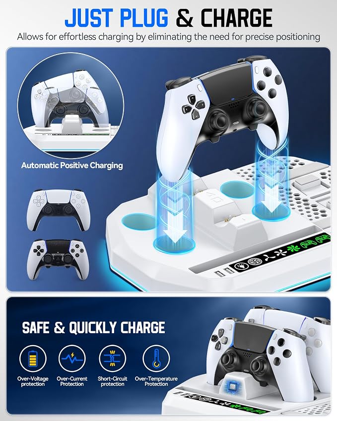 Cooling Station with Controller Charger for PS5/Slim/Pro, PlayStation 5 Vertical Stand for Disc & Digital Console, Dual PS 5 Controller Charging Station with 3 Level Cooling Fan, PlayStation 3 Games - Image 4