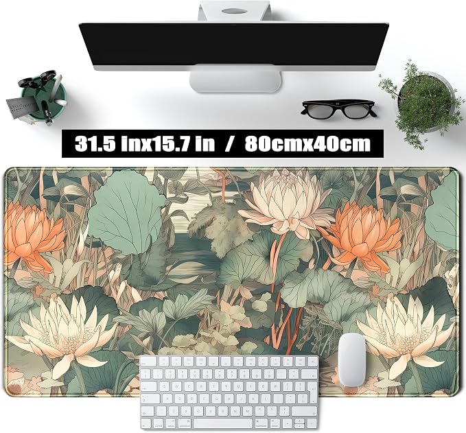 Light Emerald and Orange Floral Desk Mat, XXL Large Extended Mouse Pad Gaming Desk Pad, Aesthetic Asian Lotus Flower Big Laptop Keyboard and Mouse Mat for Women Desktop Office Decor 31.5x15.7 in - Image 2