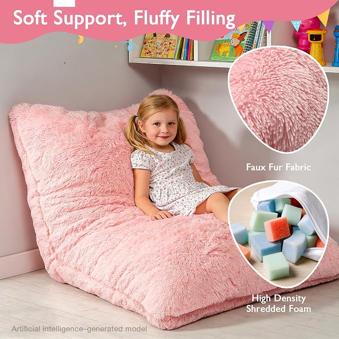 3 in 1 Kids Bean Bag Chair Bed, Kids Fluffy Stuffed Floor Pillow for Gaming and Reading, Ultra Soft Faux Fur Fabric Bean Bag Chairs to Lounger for Playroom, Living Room, Bedroom, Pink - Image 3