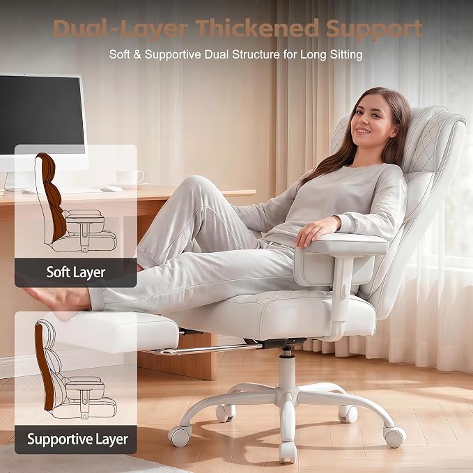 Vonesse Office Chair, Desk Chair with Soft Adjustable Armrests, Ergonomic High Back Gaming Chair with Lumbar Support, Executive Computer Chairs with Footrest (PU Leather,White) - Image 5