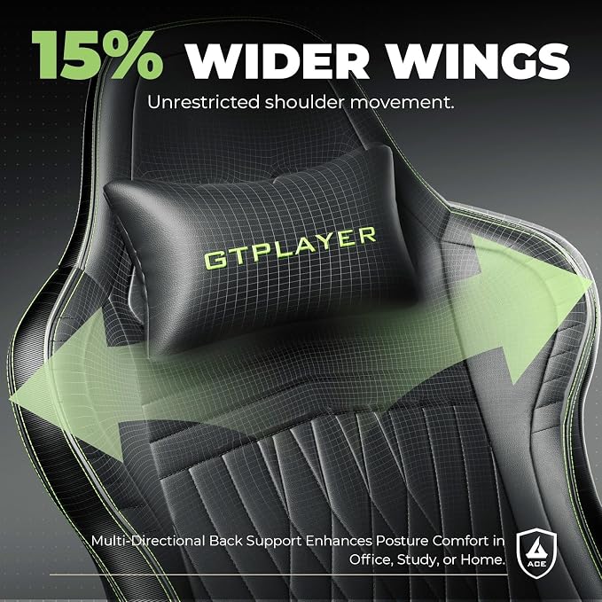 GTPLAYER ACE-PRO Music Gaming Chairs – Built-in Speakers, App Support & Bluetooth Control, Computer Game Chairs with Footrest for Adults, Ergonomic, Reclining, Linkage Armrest, Black & Green Stitch - Image 7