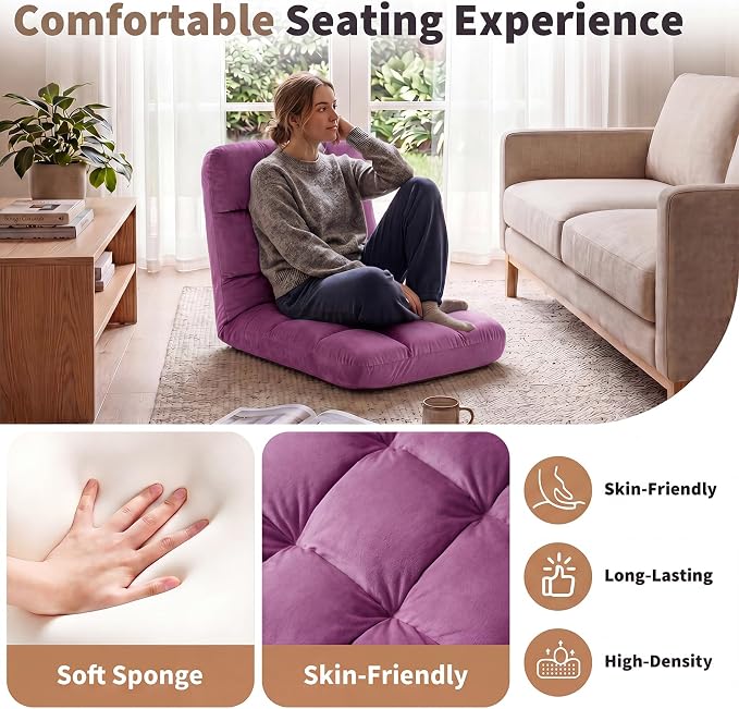 Garvee Folding Floor Chair with Back Support, Cozy Video Gaming Chairs | Adjustable Position, Metal Support Floor Lounger Foldable Lazy Sofa Bed Meditation Chair Foldable Ground Chair for Adult/Kids - Image 4