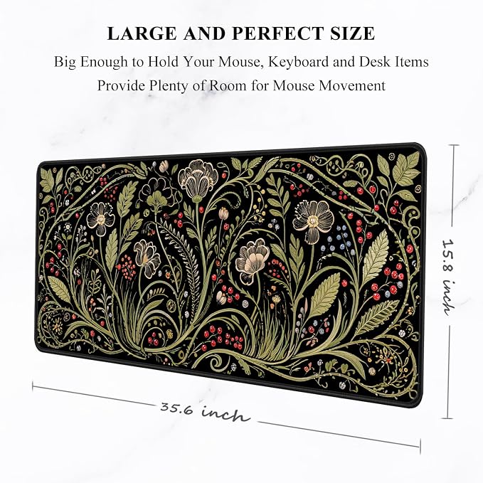 Auhoahsil Desk Mat, Ultra Large Mouse Pad, XXL Gaming Mousepad, Pretty Desk Pad, Big Extended Full Size Desktop Desk Matt for Keyboard, Laptop & Computer, 35.5 x 15.7 in, European Vintage Flowers - Image 2