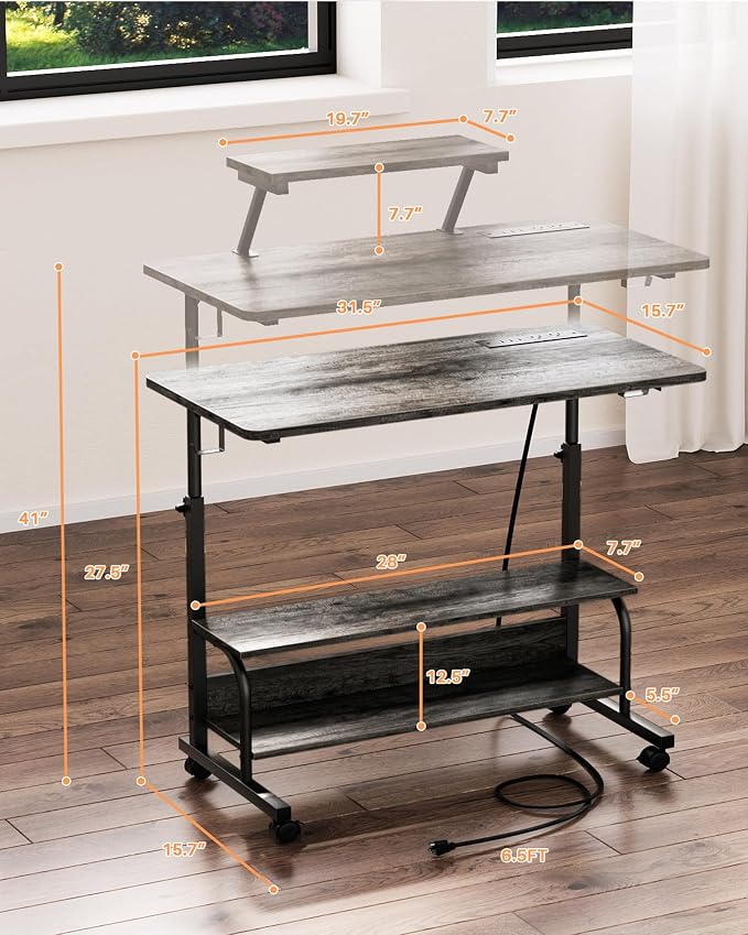 Height Adjustable Standing Desk with Power Outlets and LED Lights - 32" Manual Stand Up Desk with Monitor Stand and Storage Shelves Small Mobile Rolling Computer Desk Portable Laptop Table, Grey Oak - Image 3