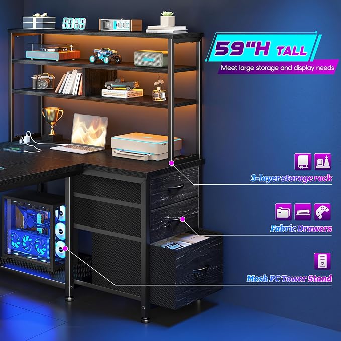 DurayLoly 55" L Shaped Gaming Desk with 3 Fabric Drawers & Shelves - Image 5