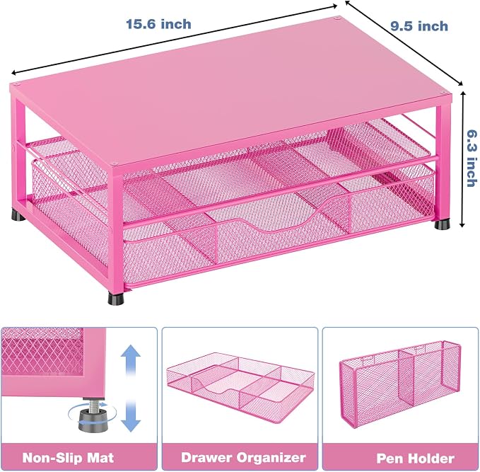OPNICE Desk Organizers and Accessories, Computer Monitor Stand Riser with Drawer and 2 Pen Holders, Printer & Laptop Stand, Office Desk Accessories & Workspace Organizers for Home Office Supplies, Carmine Rose - Image 2