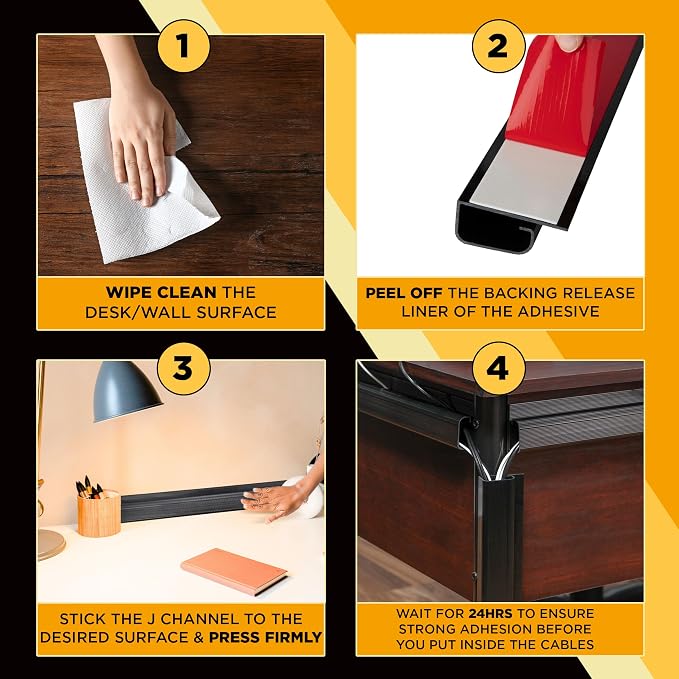 Simple Cord 5 Pack of 16-Inch J Channel Cable Management Under Desk - Easy to Install Adhesive Mount Cord Organizer for Desk, Home Office, No-Drill Wall Cable Organizer (Black) - Image 6
