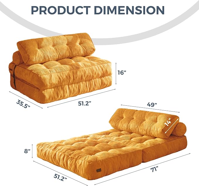 MAXYOYO Folding Sofa Bed, Convertible Chair Bed with Pillow | Foldable Couch with Back Support, Portable Fold Out Chair Comfy Floor Sofa for Living Room Bedroom, Orange, Double - Image 2