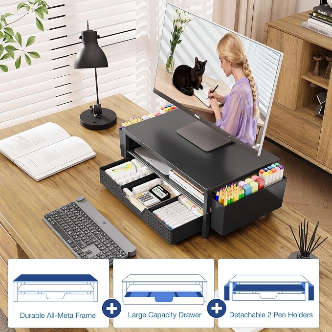OPNICE Desk Organizers and Accessories, Computer Monitor Stand Riser with Drawer and 2 Pen Holders, Printer & Laptop Stand, Office Desk Accessories & Workspace Organizers for Home Office Supplies, Black 2-Pack - Image 6