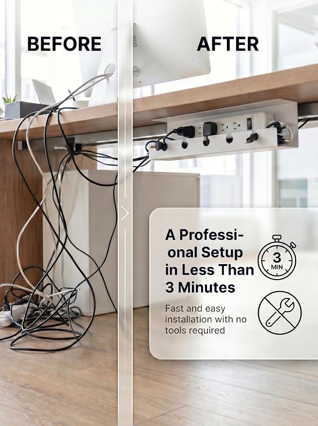 Under Desk Cable Management Tray No Drill, Cord Organizer for Desk, Wire Organizer, Cable Tray for Home Office Standing Desk, Wire Managment, Cord Hider, Set of 2 pcs (White) - Image 2