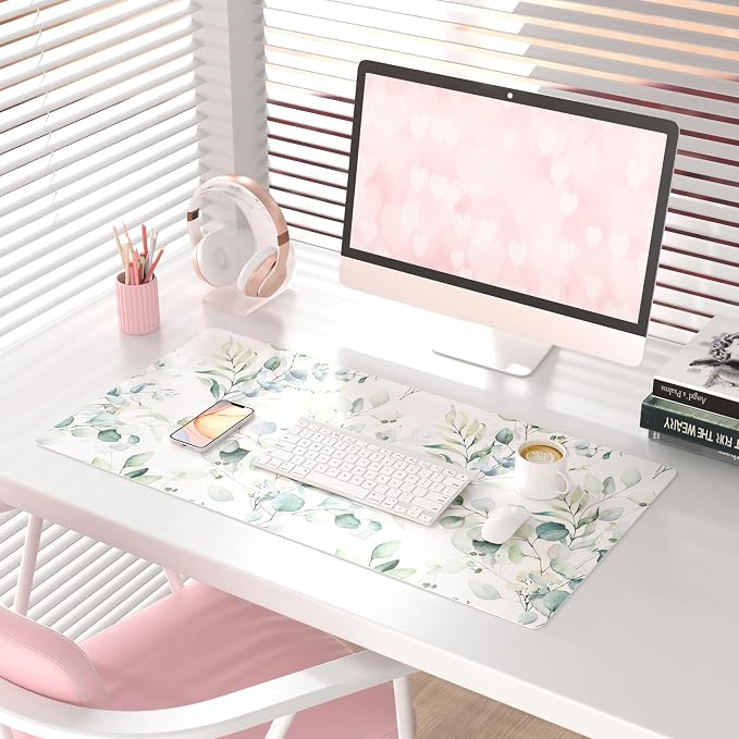QiyI PU Leather Large Mouse Pad, Office Decor, 31.5" x 15.7", Green Leaves | Desk Décor Accessories, Extended Size, Waterproof & Easy to Clean, Smooth Surface, Non Slip Desk Organization - Image 2