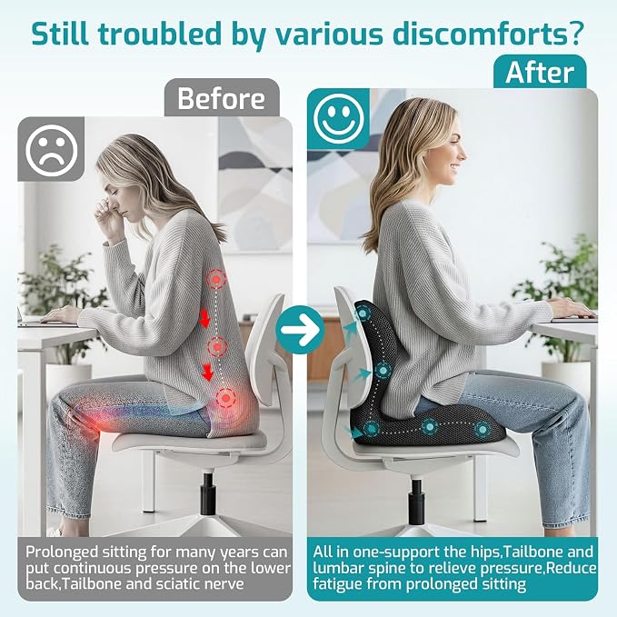 Ergonomic Seat Cushion, Office Chair Cushion with Lumbar Support Pillow | Improve Seat Comfort,Back Pain,Tailbone & Sciatica Relief,Memory Foam Seat Cushions for Office,Car,Home Chairs - Image 4