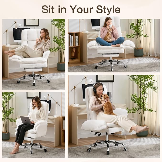 JOMEED Cloud Cross Legged Office Chair with Footrest,Flip Armrest,White | Ergonomic Teddy Big and Tall Executive Chair with Wheels,155° Reclining Computer Wide Desk Chair for Home,Office - Image 9