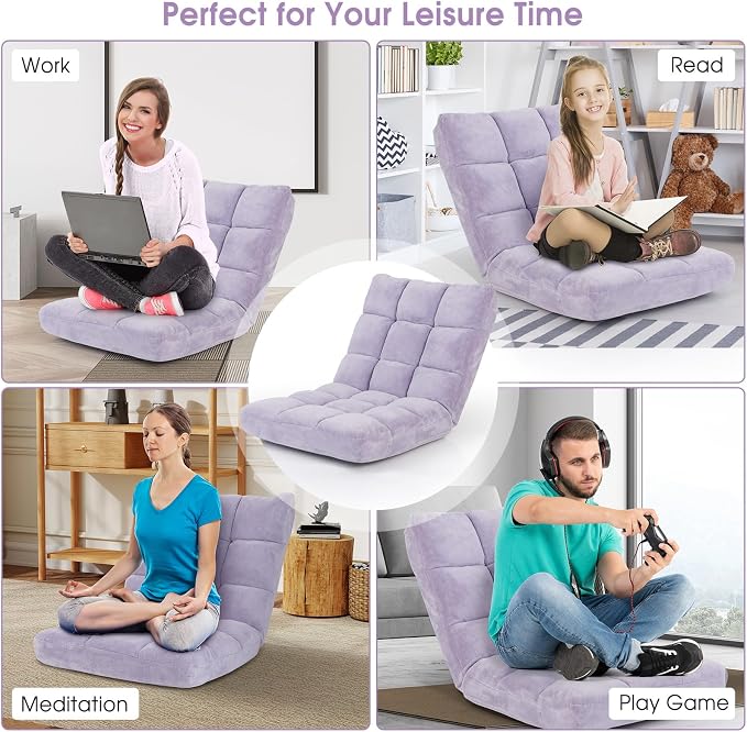 Floor Chair with Back Support, 14-Position Lazy Sofa Chair with Soft Coral Fleece, Folding Floor Gaming Chair, Couch Recliner, Floor Seat for Reading, Meditating, Yoga, Gaming (Light Purple) - Image 8