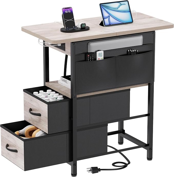 Yenlure Small Side Table with Charging Station, Narrow Nightstand Bedside Tables with Storage Pocket for Living Room Bedroom, Sofa End Table with USB Ports and Power Outlets for Small Spaces, Greige by CREATEDFORSMARTHOMES