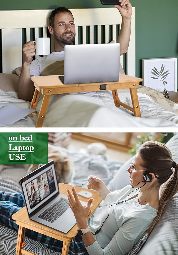 Nnewvante Bamboo Laptop Desk for Bed with Tilting Top, Drawer 21.6 x 13.8In - Image 2