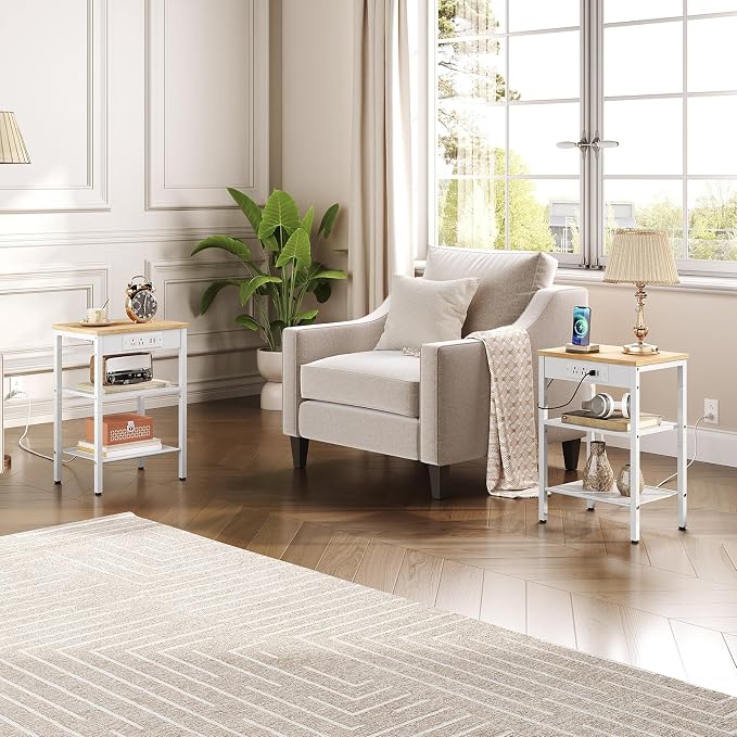 HOOBRO Side Table with Charging Station and USB Port, Small End Table for Small Space, 3-Tier Nightstand with Adjustable Shelf, for Living Room, Bedroom, Natural and White WN112BZ01 - Image 8