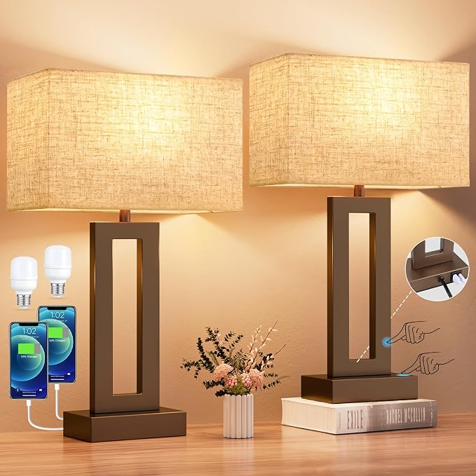 Seealle Bedroom Lamps for Night Stands - Touch Control, 3 Way Dimmable, USB C+A Charging, LED Bulbs, Easy Assembly(Yellow&Coffee) - Image 2