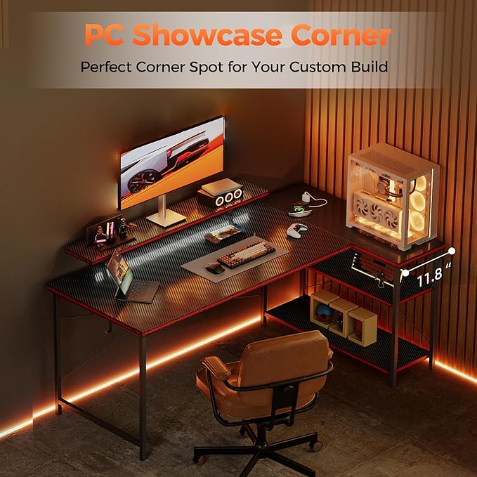 Mericonia 48 in Corner Desk with Monitor Stand, Small L Shaped Gaming Desk | Reversible Computer Desk with Power Outlets, LED Light & Storage Shelves, Office Table for Home Bedroom Study Work Writing - Image 3