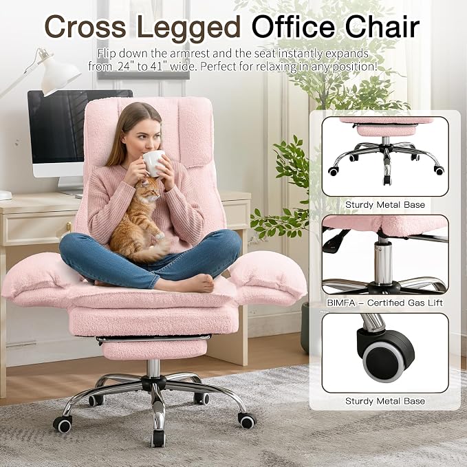 JOMEED Cloud Cross Legged Office Chair with Footrest,Flip Armrest,Pink | Ergonomic Teddy Big and Tall Executive Chair with Wheels,155° Reclining Computer Wide Desk Chair for Home,Office - Image 6