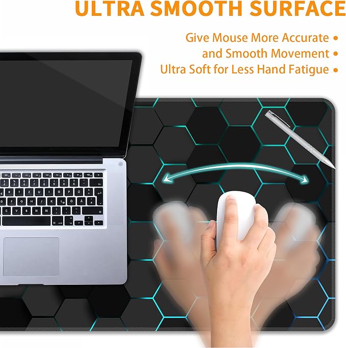 Blue Hexagon Honeycomb Desk Mat, XXL 35.4"x15.7" Large Mouse Pad, Geometric Extended Gaming Mouse Mat,Non-Slip Rubber Base Waterproof with Stitched Edges for Gaming Office Home Decor - Image 5