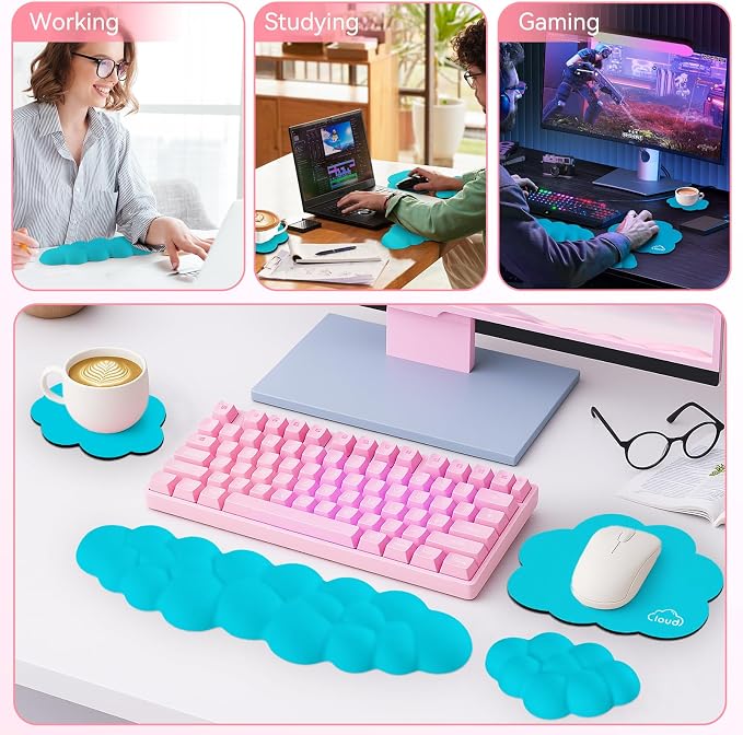 Sushret Cloud Wrist Rest for Computer Keyboard and Mouse Pad Set,Scuba Blue | Memory Foam, Leather, 4-in-1 Cloud Keyboard Wrist Rest Set with Ergonomic Support for Arm and Palm Cushion, Gaming/Work Setup - Image 7