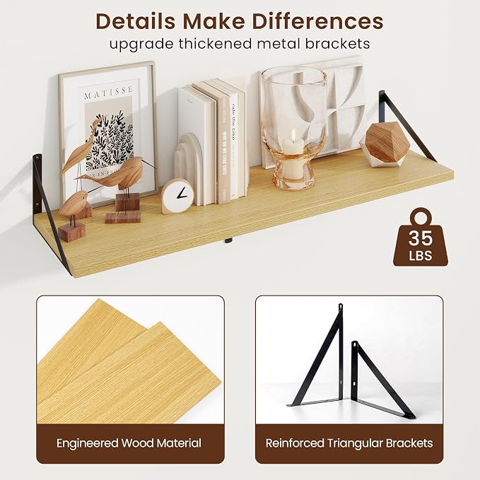 Axeman Deep Floating Shelves, 36'' x 10'' Oak Wall Shelves Set of 2 - Image 5