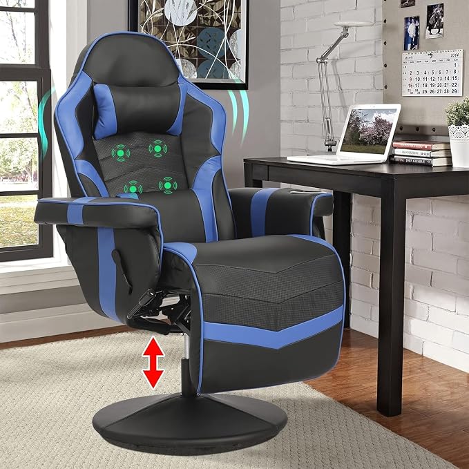 LVUYOYO Reclining Gaming Chair, Massage Gaming Chairs for Adults, High Back PU Leather Game Recliner w/Adjustable Height, Swivel Game Chair with Lumbar Support, Cup Holder, Headrest by LVUYOYO