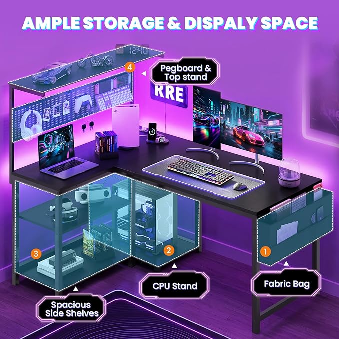47in L Shaped Gaming Desk with Pegboard & Shelf & Storage Bag, Black | LED Light, Power Outlet, Reversible Gaming Table, Escritorio Gamer, Corner Computer Desk for Small Space Storage, Home Office - Image 6