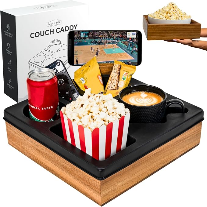Silicone Couch Cup Holder Tray – Handy Silicone Acacia Couch Caddy with Cup Holder & Phone Stand – Waterproof Anti-Spill Snack & Bed Caddy Organizer Sofa Tray for Drinks, Snacks, & Remotes (Black) by MasonMeadow