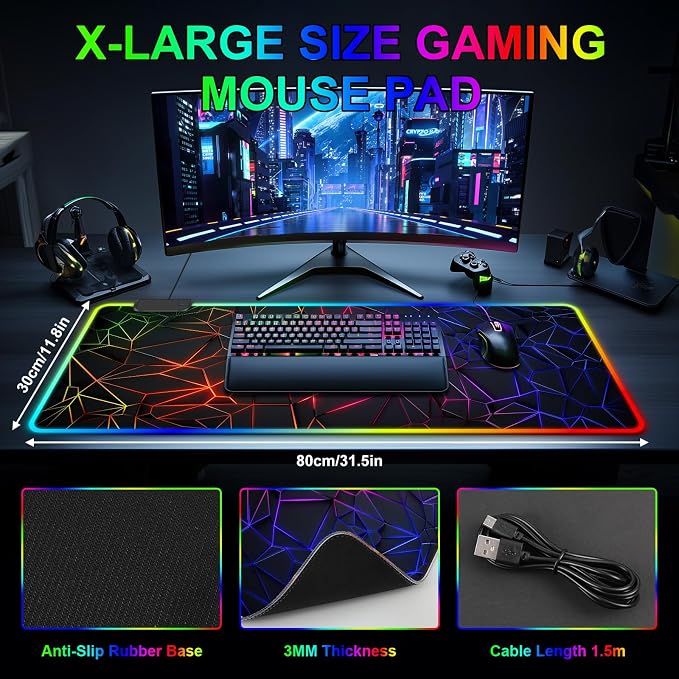 Mouse Pad 31.5 X 11.8 Inches RGB Mouse Mat with 13 Light Modes | Touch Control, Large Gaming Mousepad with Non-Slip Rubber Base for Office & Game, Model-H - Image 6