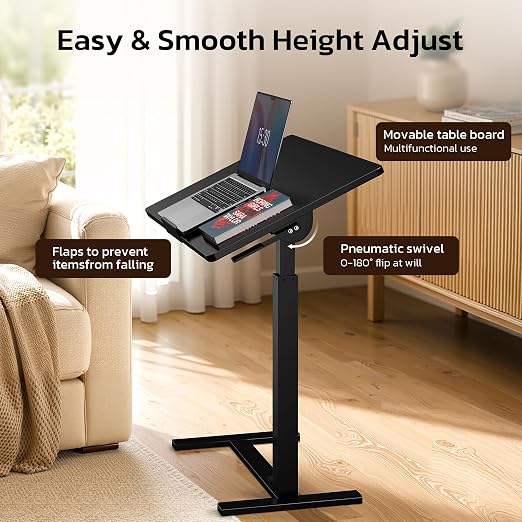 Mobile Standing Desk Adjustable Overbed Table, Pneumatic Height Adjustable Rolling Laptop Desk with Hidden Wheels, 0-180°Tilt Top Rolling Computer Cart Foldable for Home Office, Craft & Study, Black - Image 6