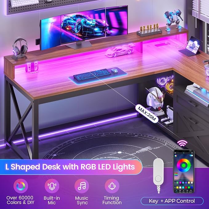 SEDETA L Shaped Gaming Desk with Drawers, 55" Farmhouse Computer Desk with File Drawer and Storage Shelves, Corner Gaming Desk with LED Lights and Monitor Shelf, Black and Brown - Image 4